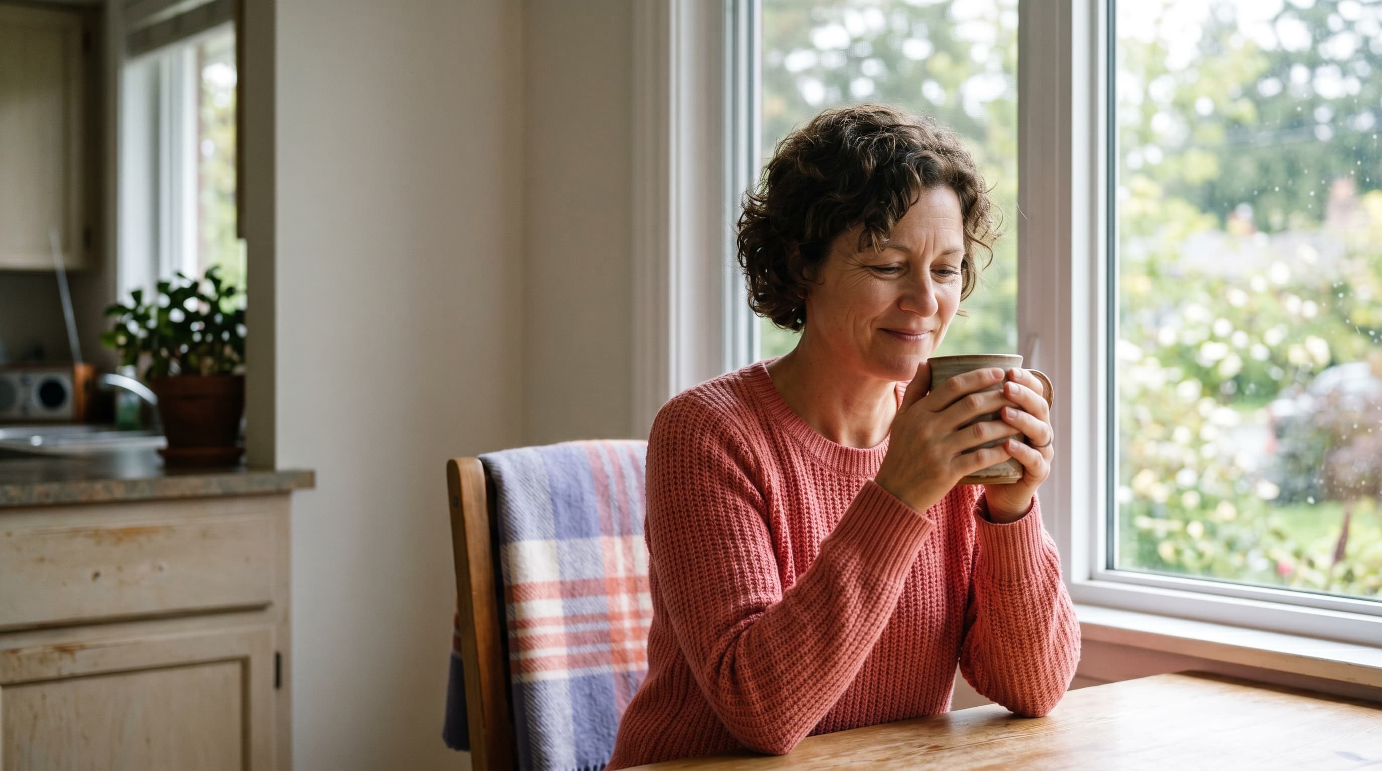 A daughter at her kitchen table on a working afternoon, her phone set down beside her, letting a long breath out.