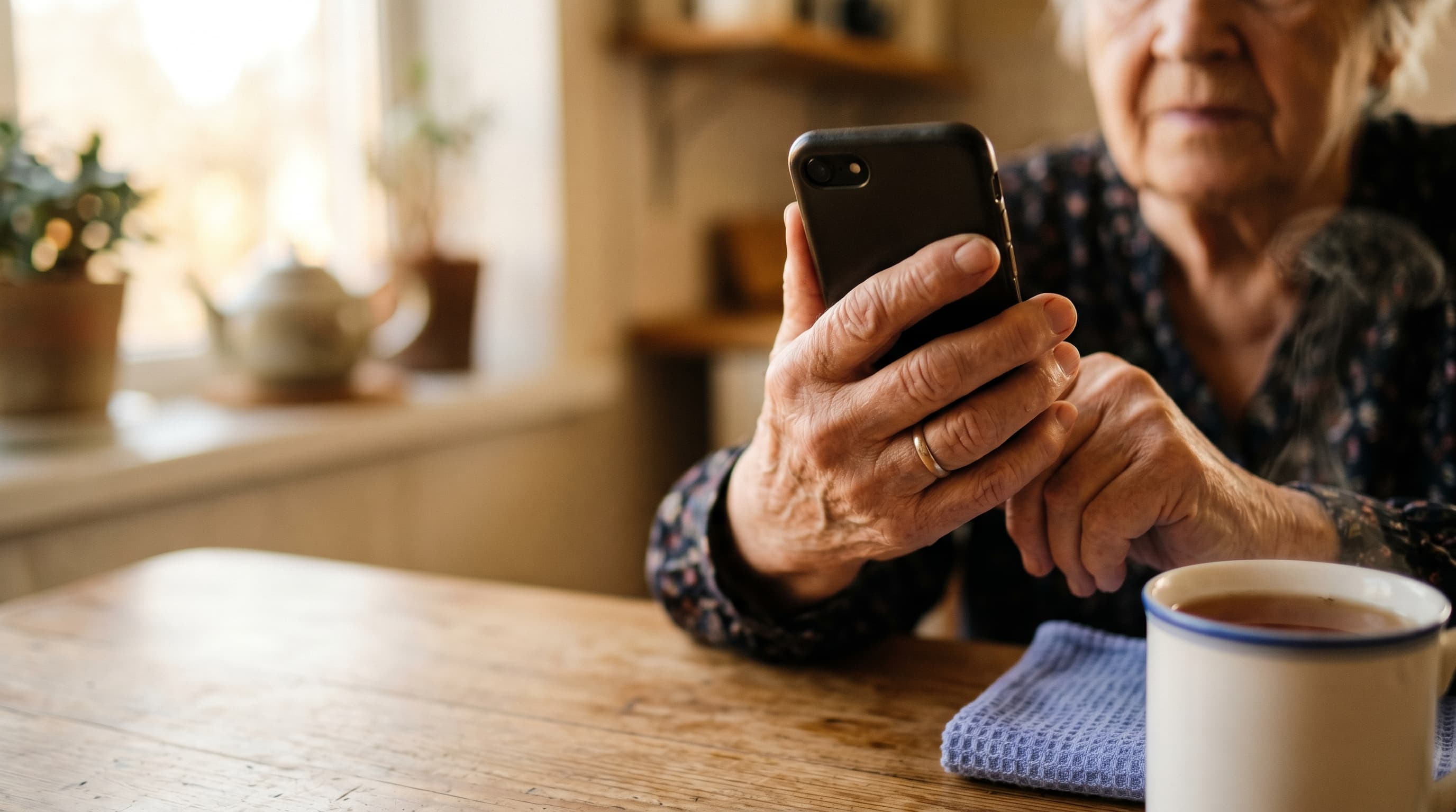 An older woman at her kitchen table, holding the ordinary mobile phone she has always used, a cup of tea beside her.