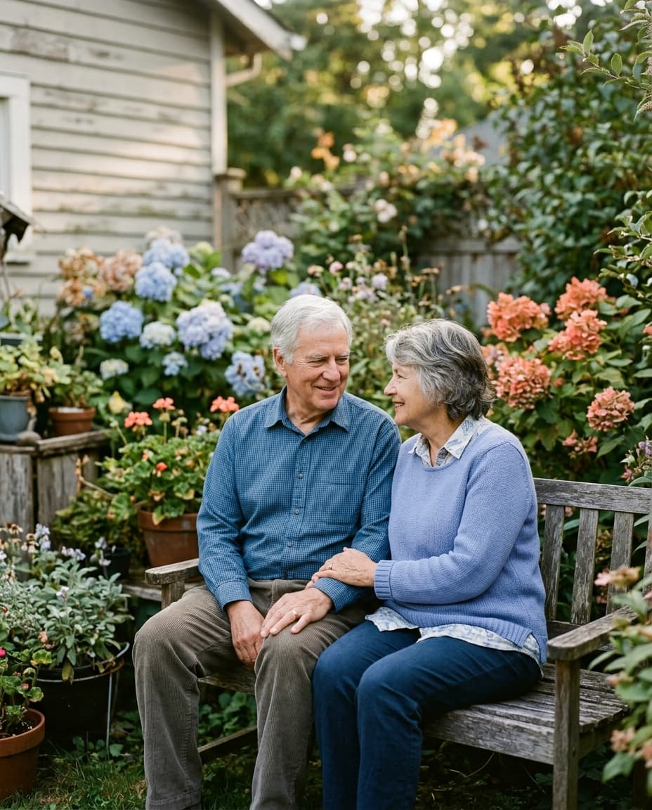 An older couple spending a quiet moment together in the garden.