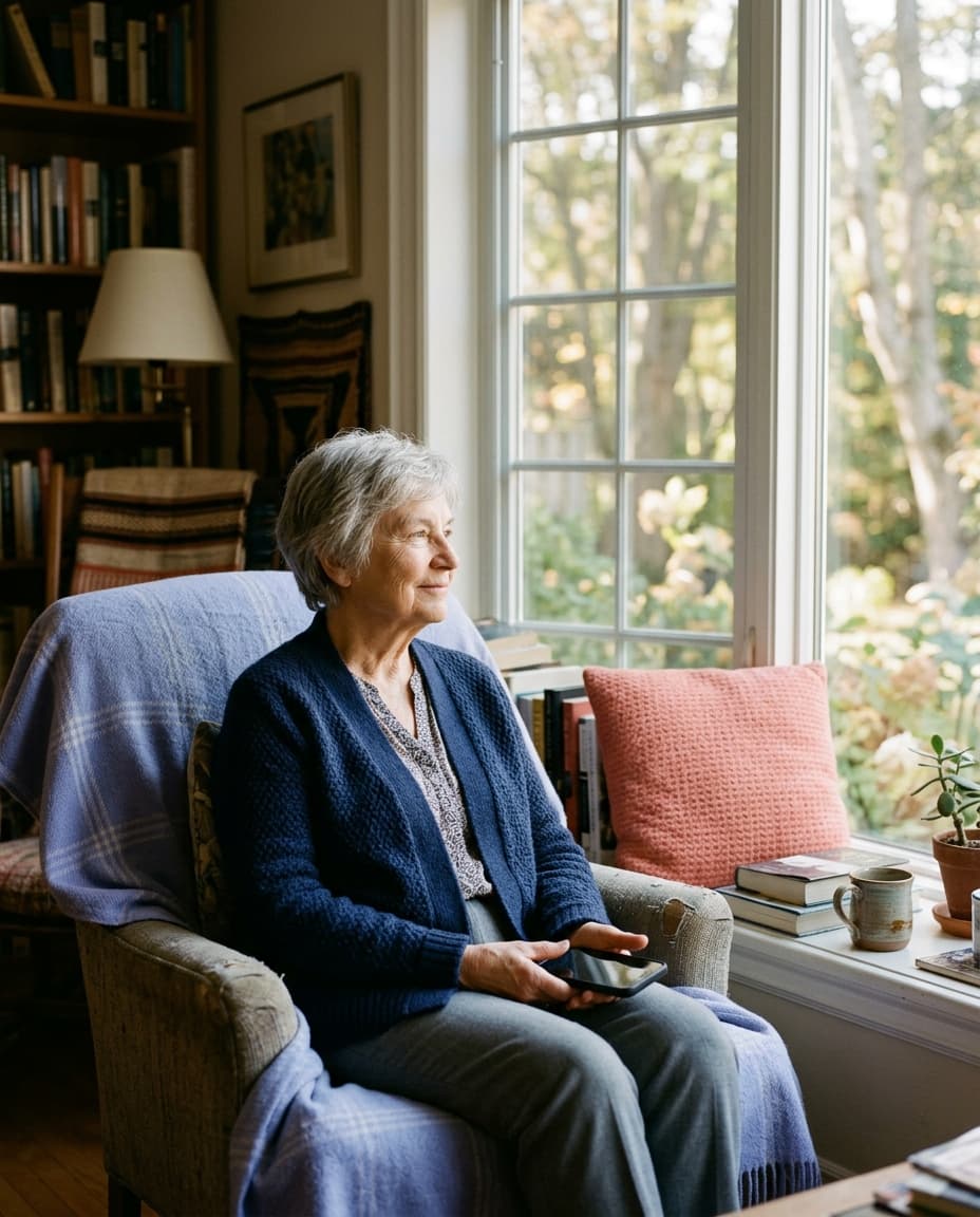 A mother by the window in the quiet part of the afternoon, at ease, her phone on the table beside her.